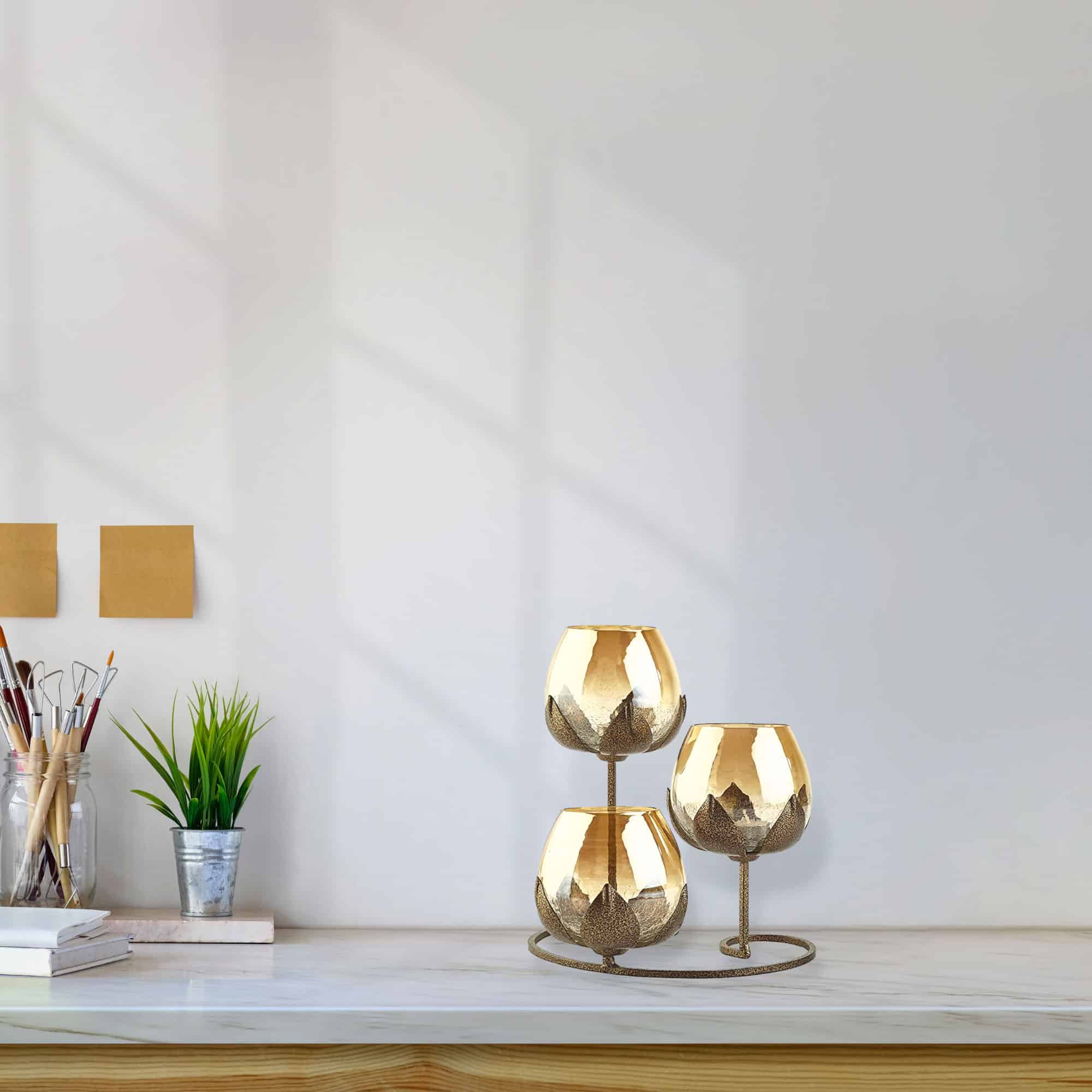 Triple Lotus Candle Holder with 3 Gold Glasses | Kreative Arts