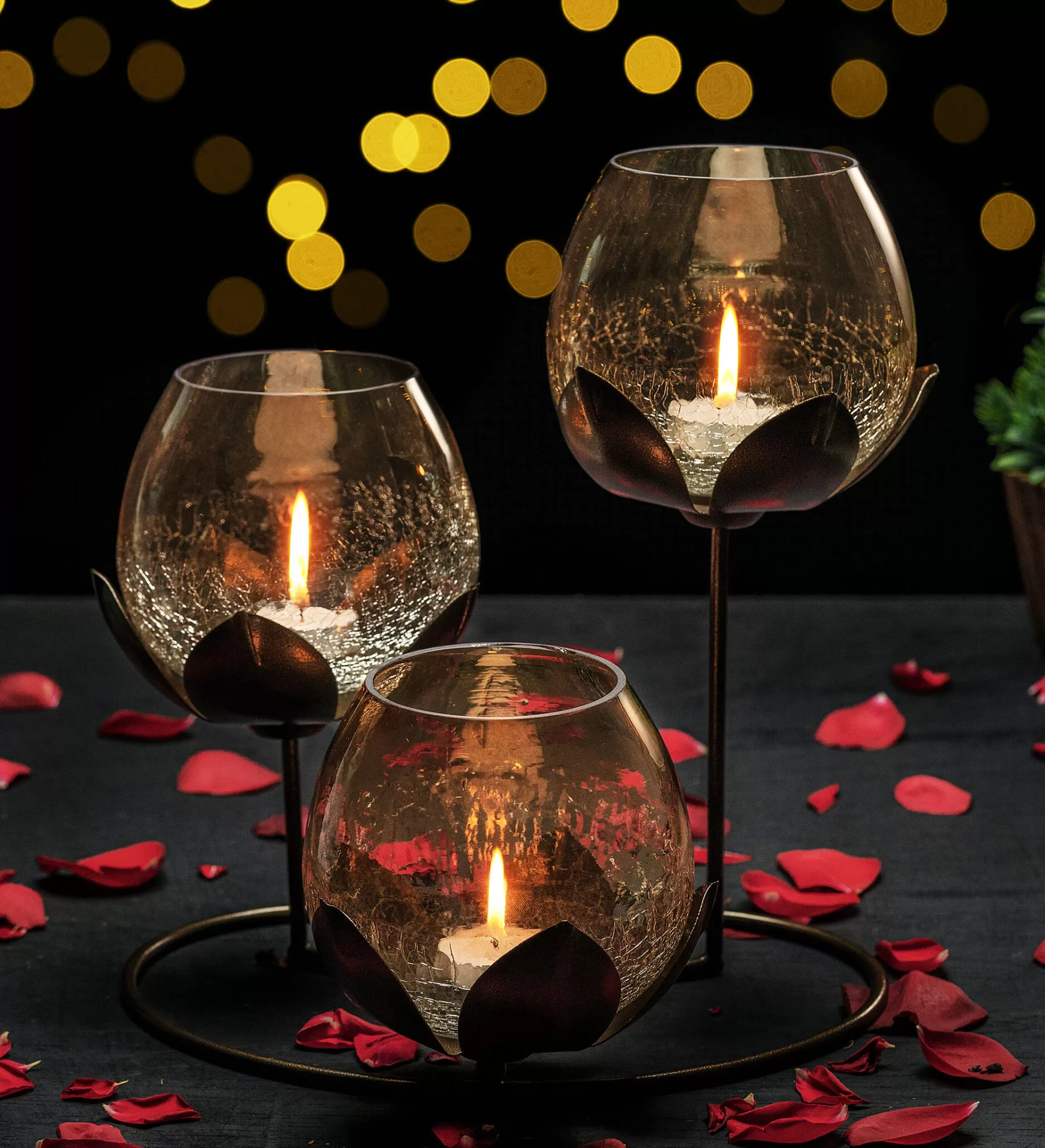 Triple Lotus Candle Holder with 3 Gold Glasses | Kreative Arts