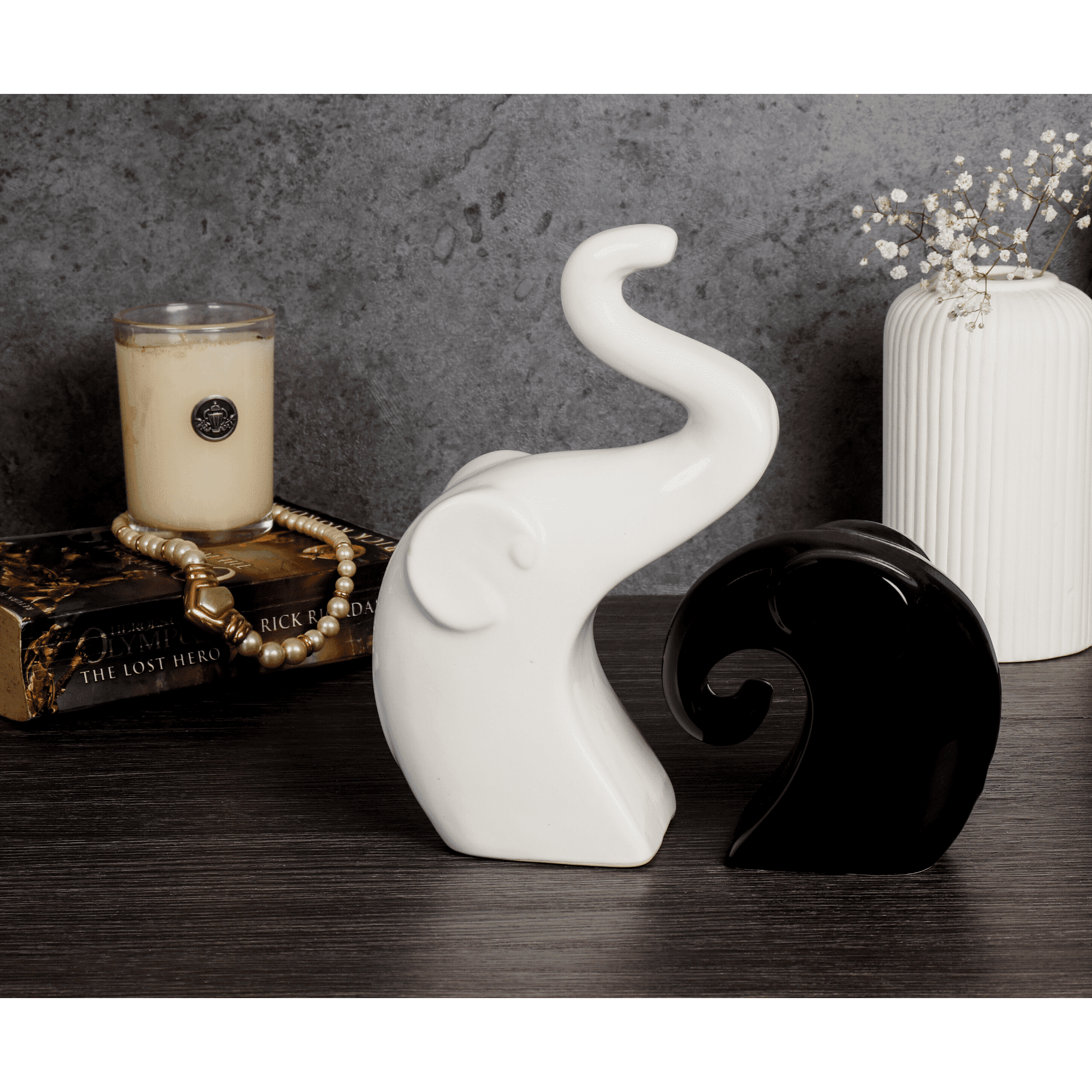Black & White Ceramic Elephant Couple Set of 2 pcs
