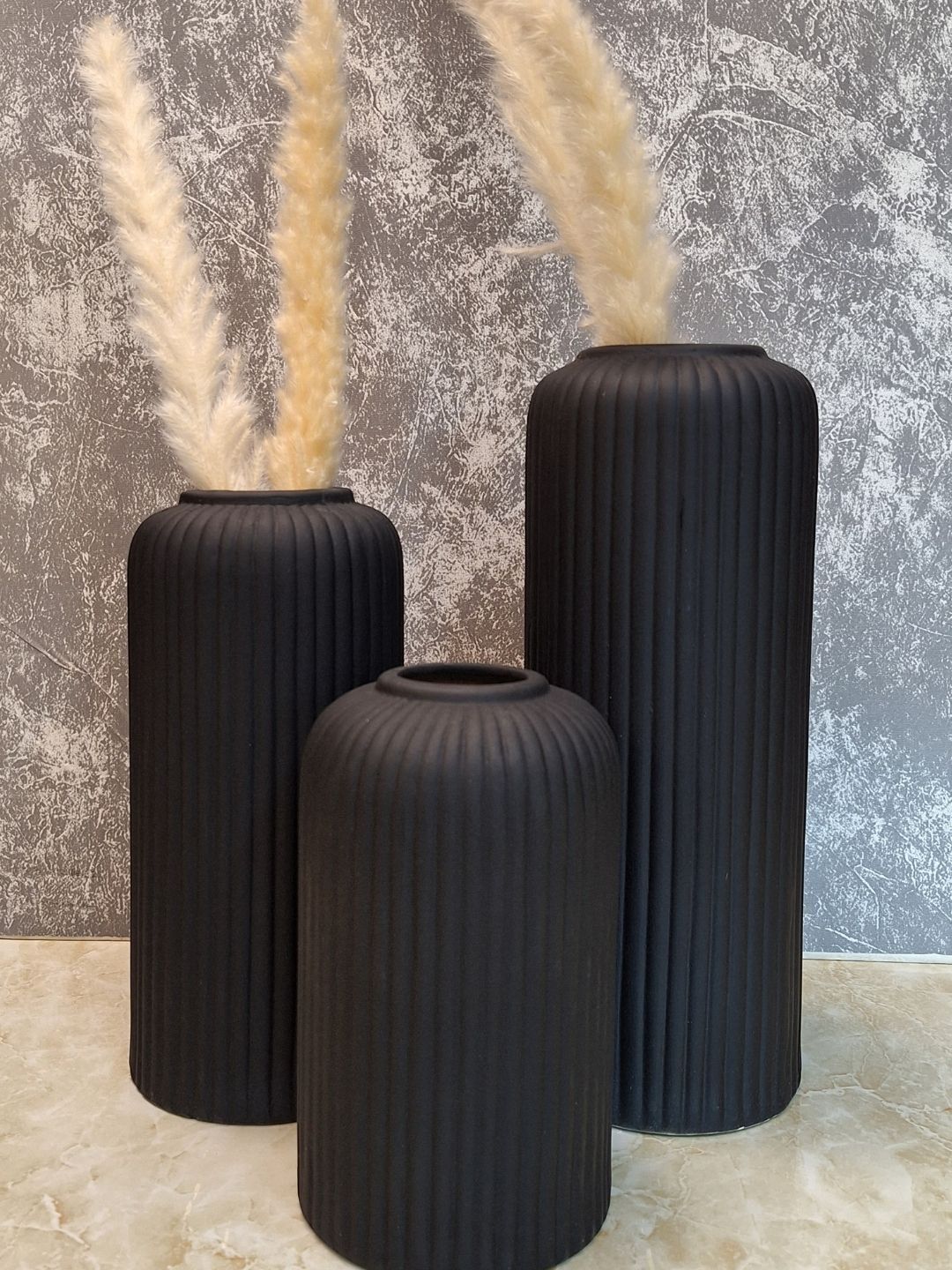 KAT-613 BLACK_3 Handmade Ribbed Black Ceramic Vases for Home Decor