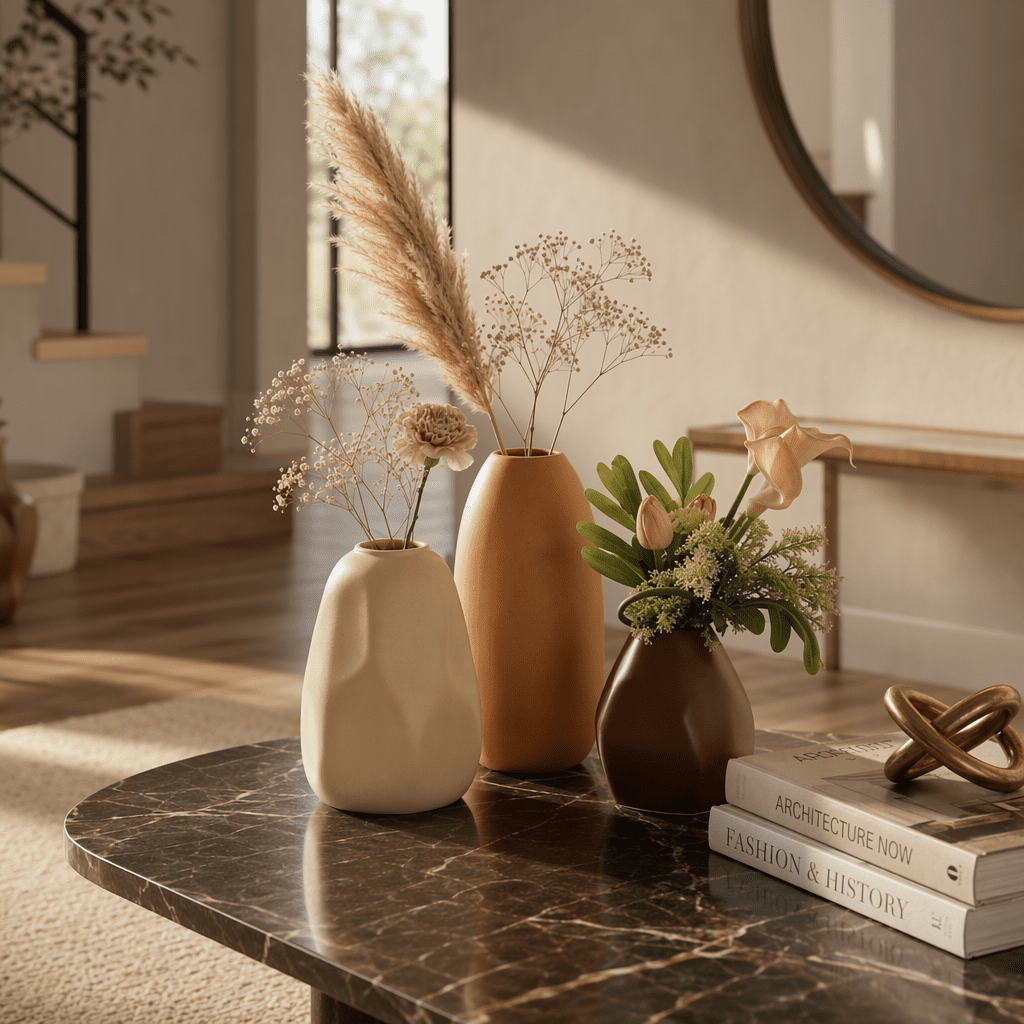 Stone Design Ceramic Vase Set of 3pcs Earthy Finish