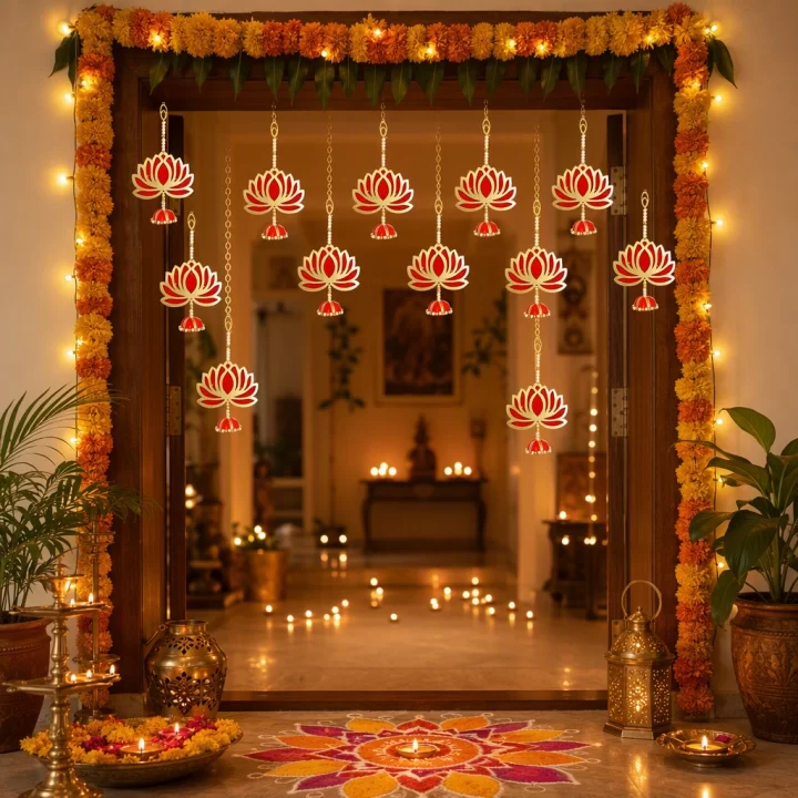 Red Lotus Hanging Toran for Main Door & Mandir Decor-Pack of 12