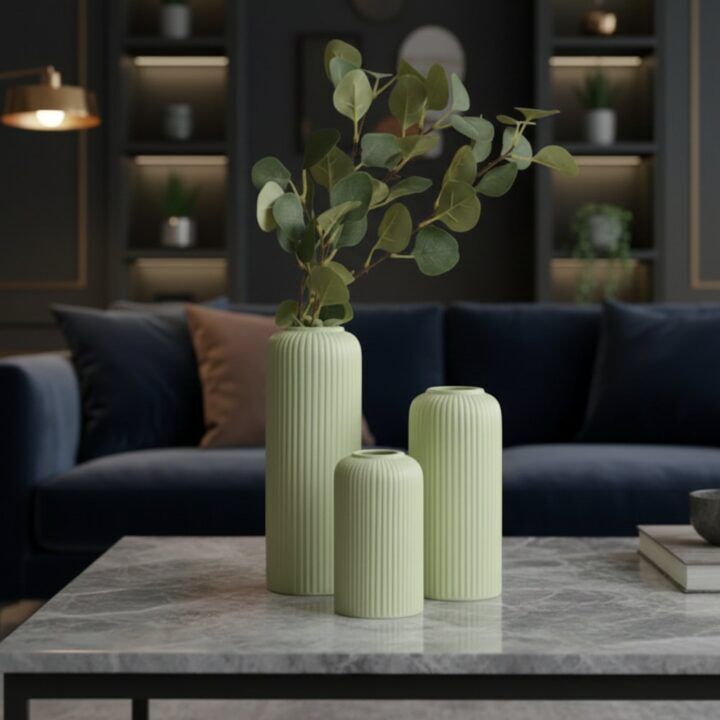 Green ribbed ceramic flower vase set of 3 for home decor
