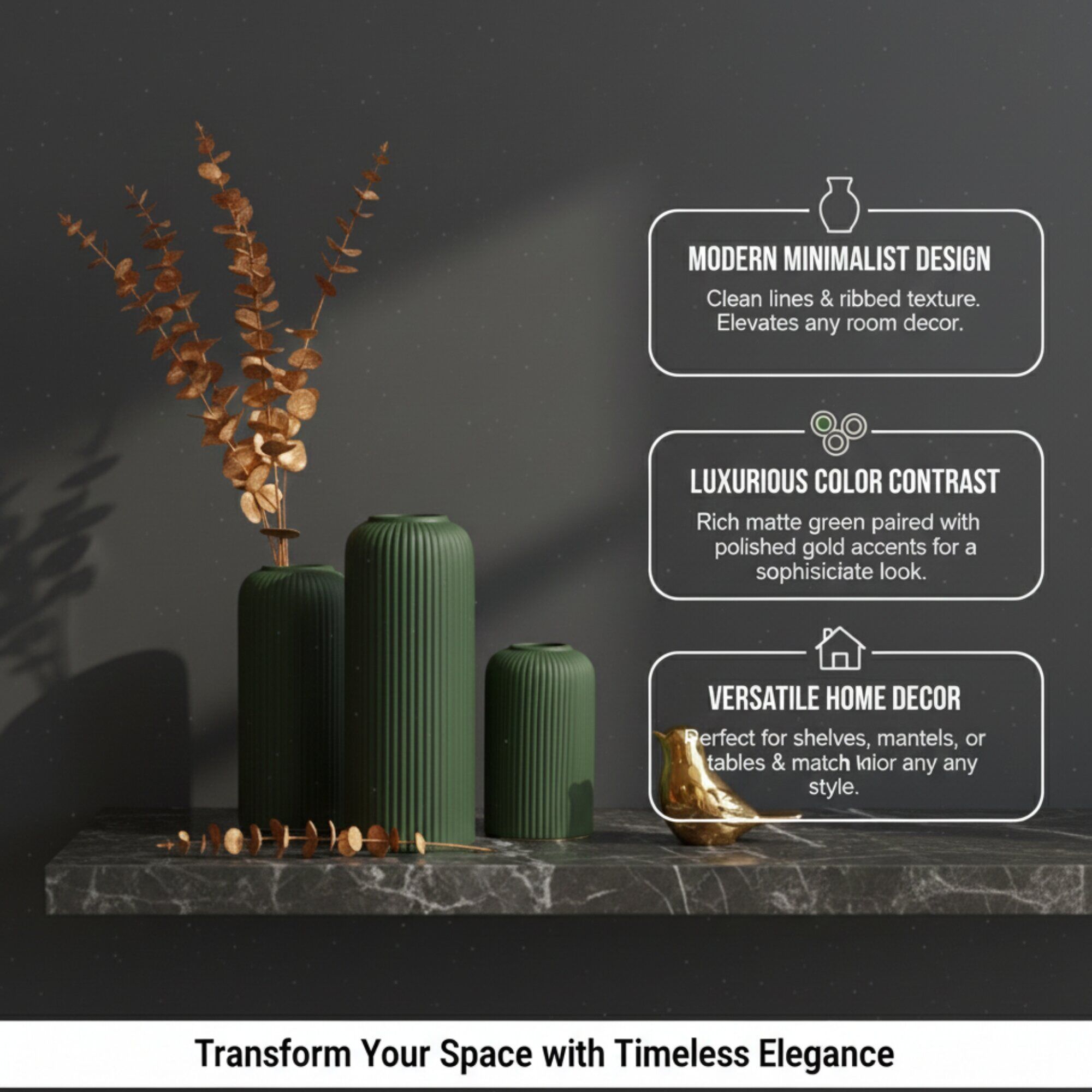 14 Set of 3 handcrafted dark green ceramic flower vases.