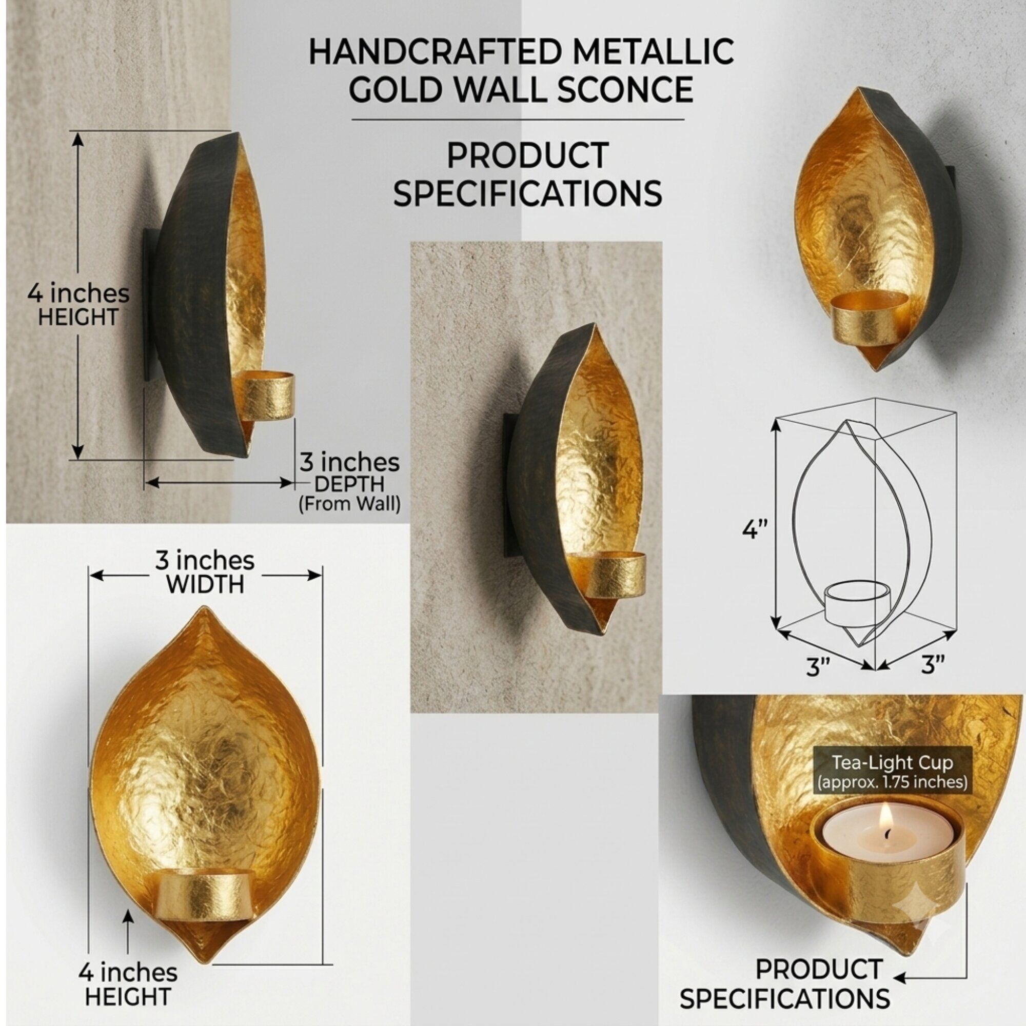 4 Gold Drop Shape Wall Candle Holder Set of 2 for Home Decor