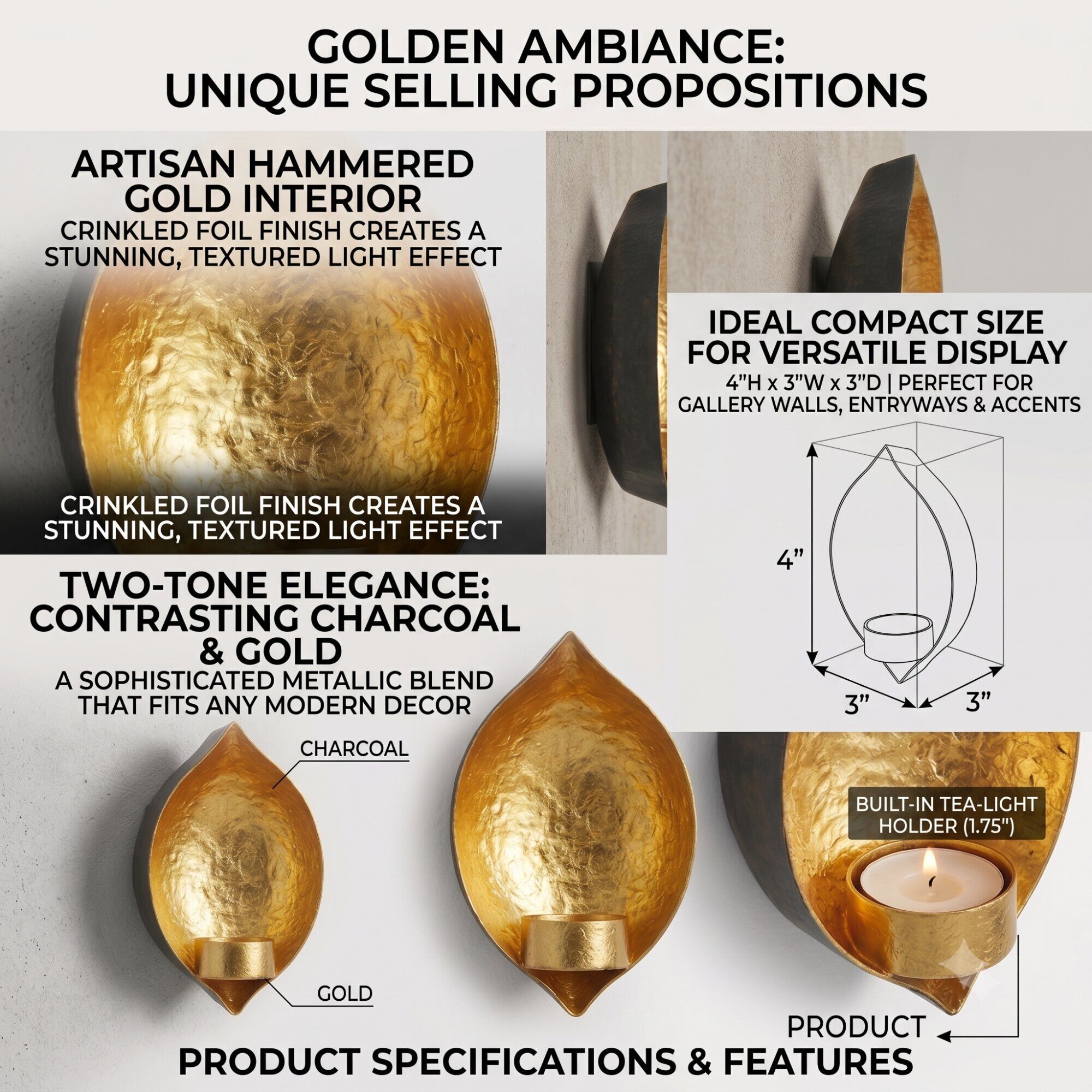 7 Gold Drop Shape Wall Candle Holder Set of 2 for Home Decor