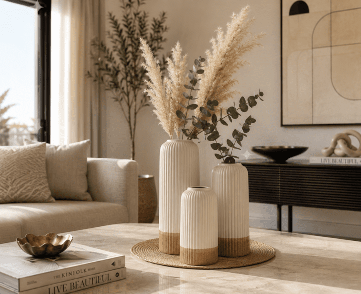 Dual Tone Ceramic Flower Vase Set of 3 in White and Beige Matte Finish