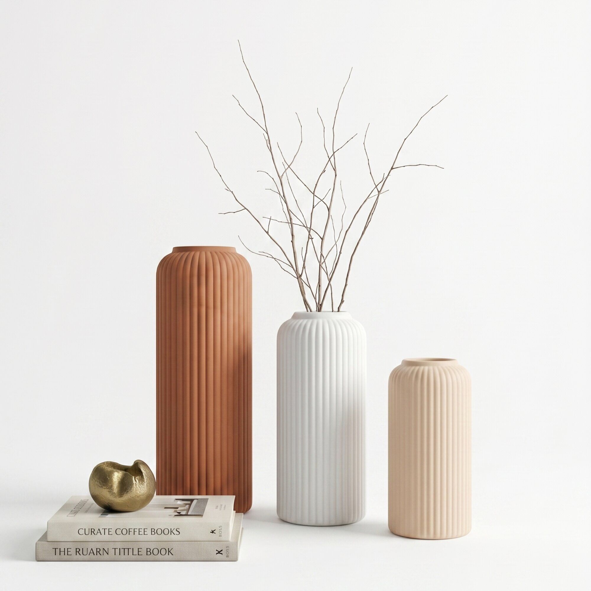KAT-613 brown beige white -2 Ceramic Flower Vase Set of 3 in Brown White and Beige Matte