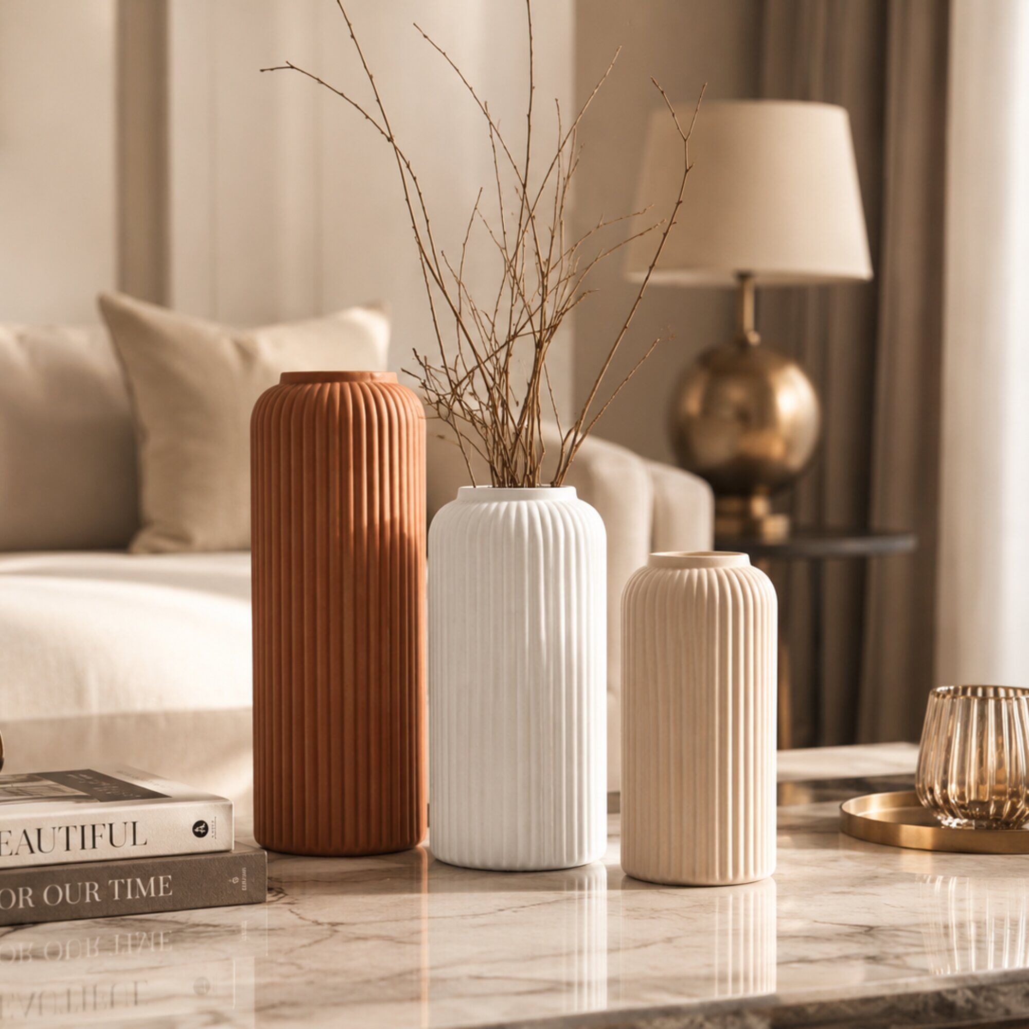 Ceramic Flower Vase Set of 3 in Brown White and Beige Matte
