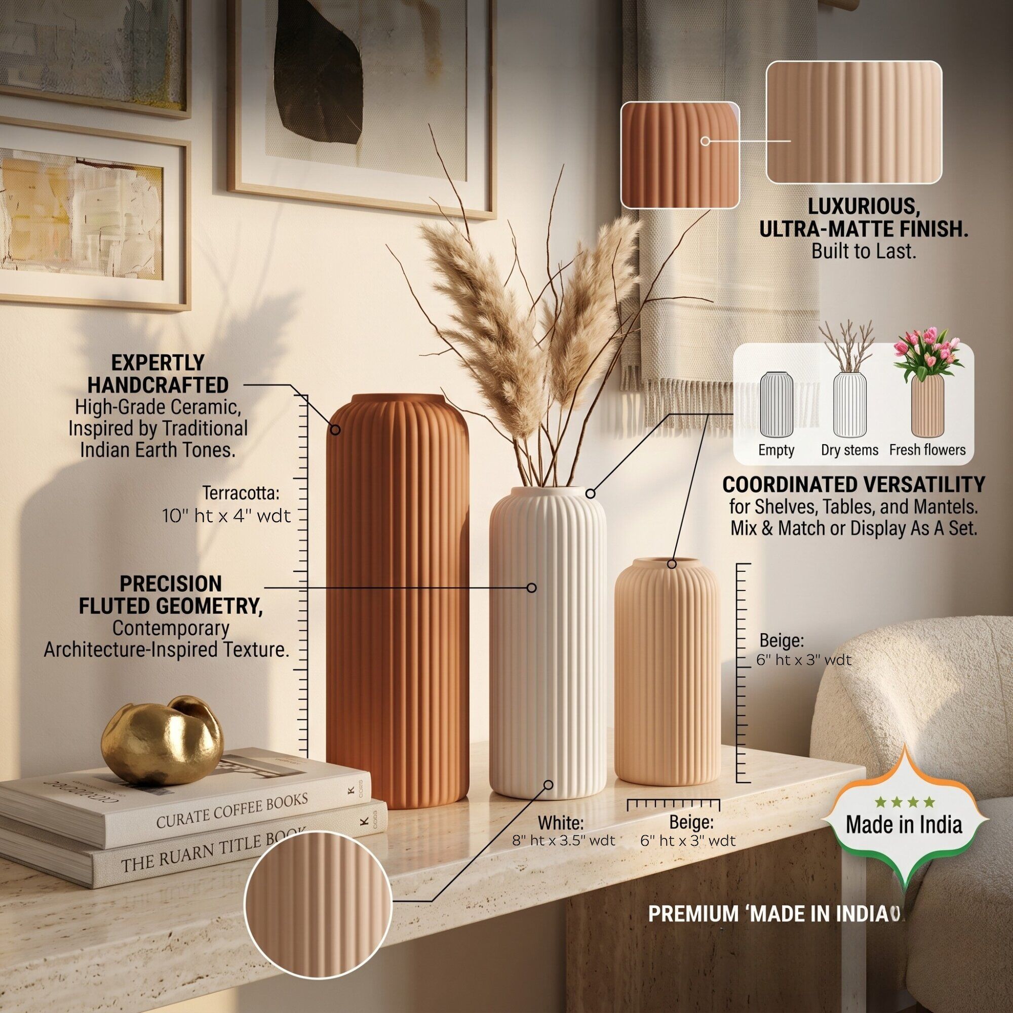 KAT-613 brown beige white -5 Ceramic Flower Vase Set of 3 in Brown White and Beige Matte