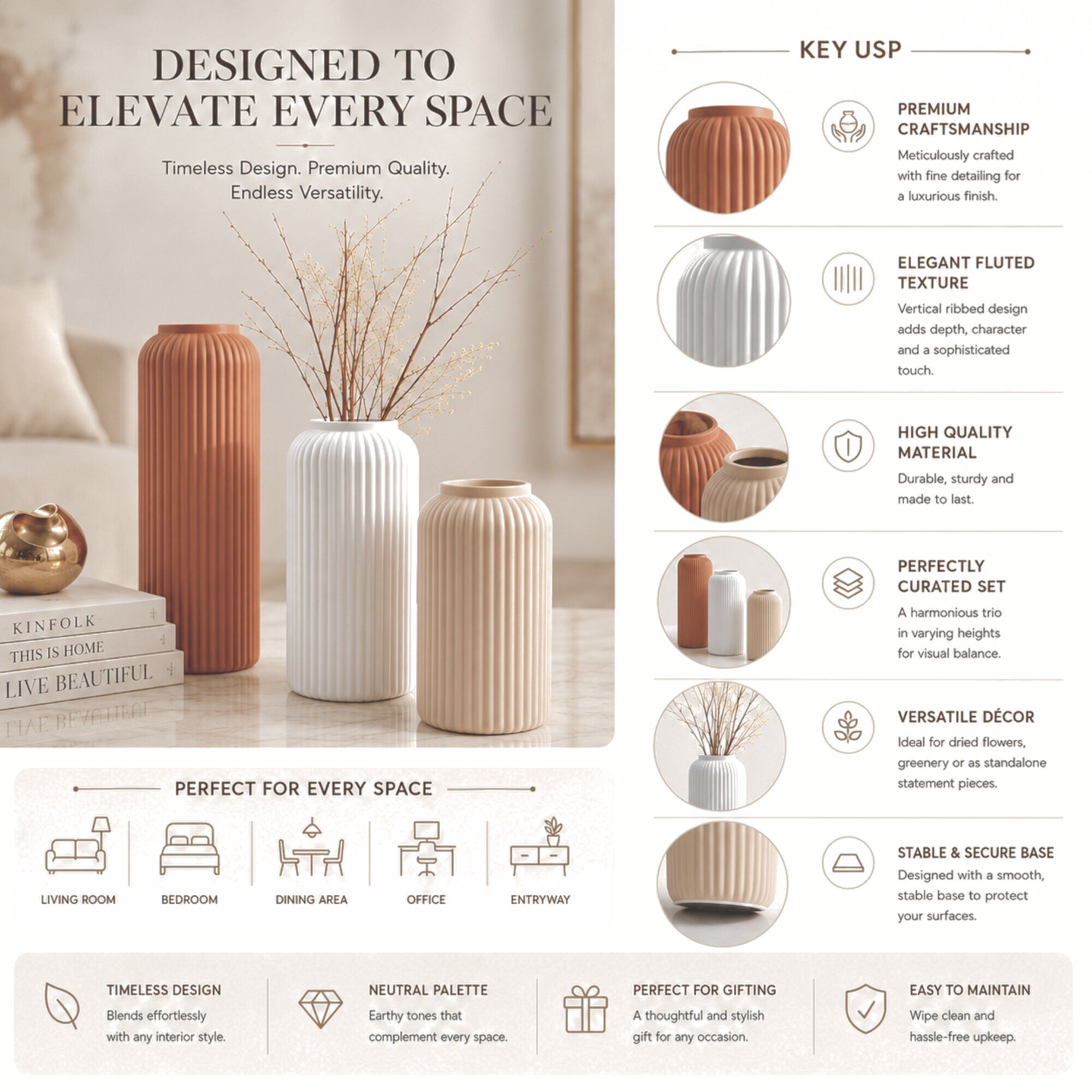 KAT-613 brown beige white -6 Ceramic Flower Vase Set of 3 in Brown White and Beige Matte