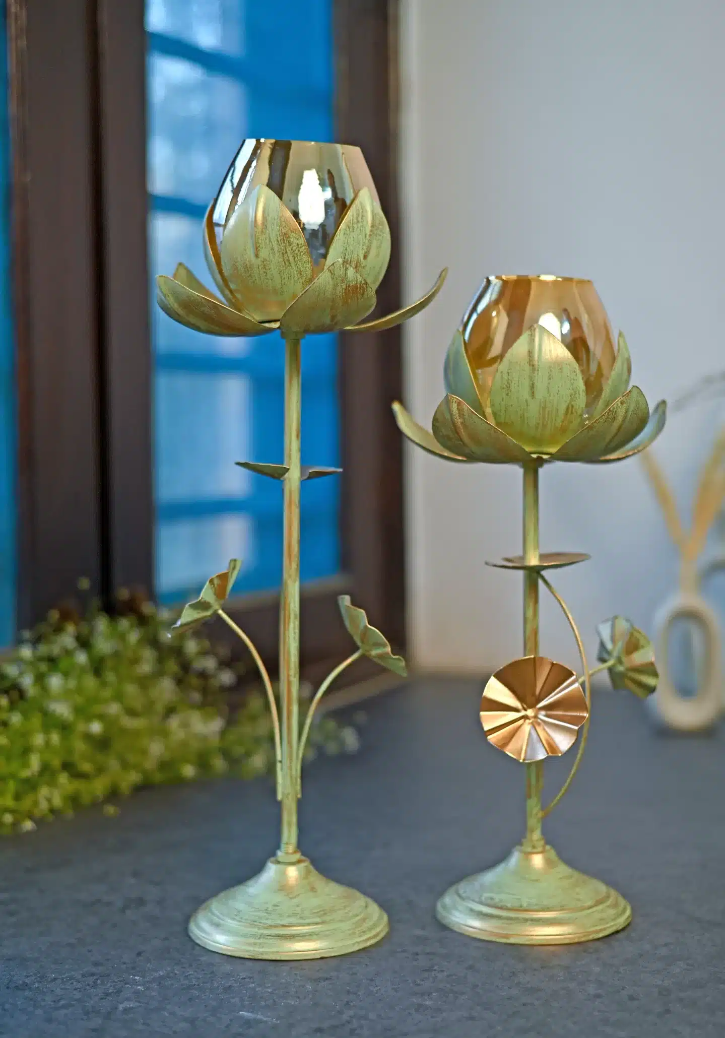 Table Lotus Candle Holder set of 2 pcs Green Gold
