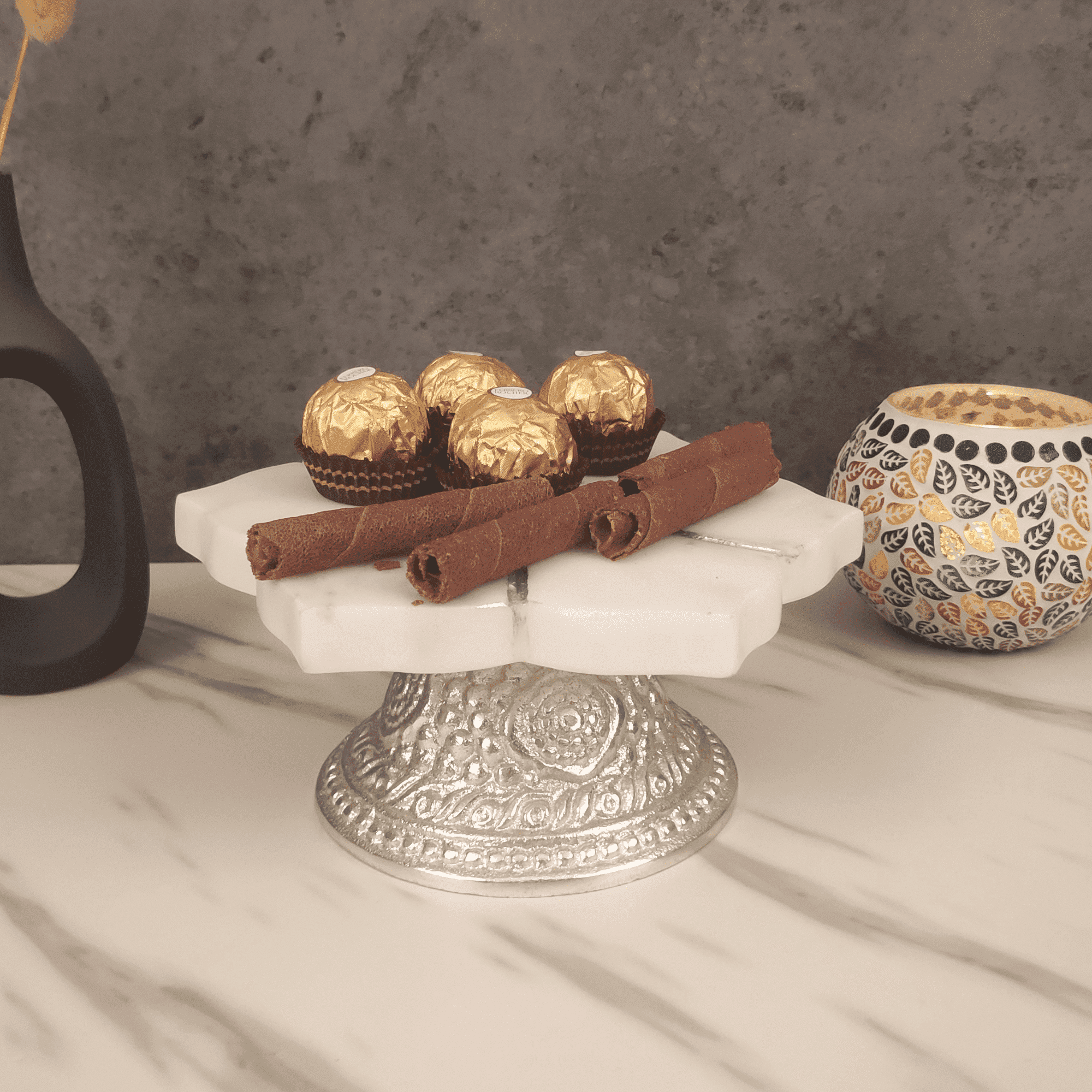 Cake Stand -Marble top Elegant Dessert Display Stand (Silver)