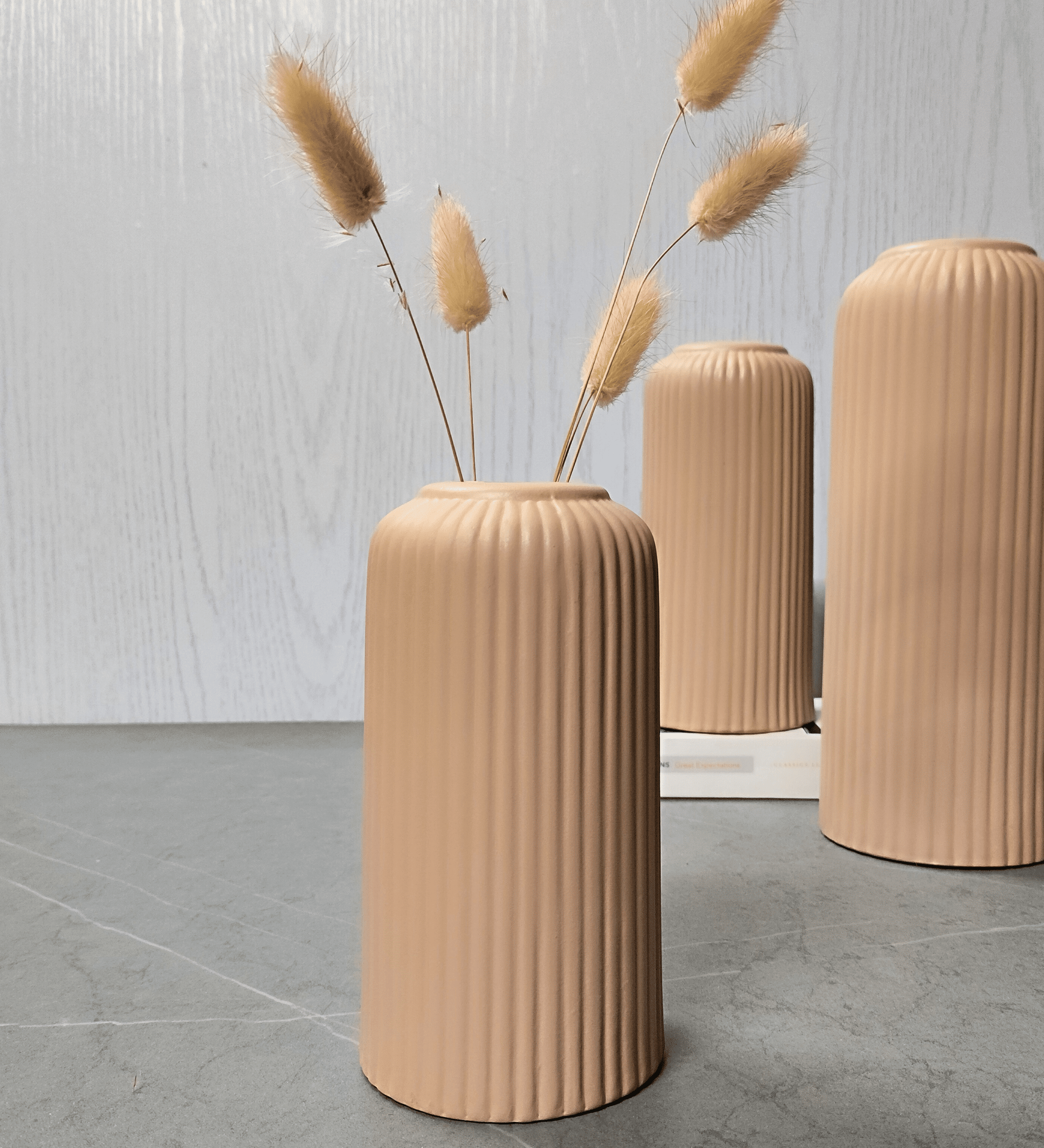 Ribbed Design Beidge Ceramic Flower Vase – 6″(Small -Without Flower)